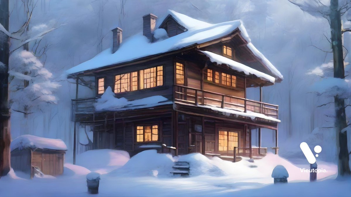vieutopia's tweet image. Cozy winter vibes. Warm light glowing in a snowy haven. #WinterWonderland #SnowyCabin #CozyVibes