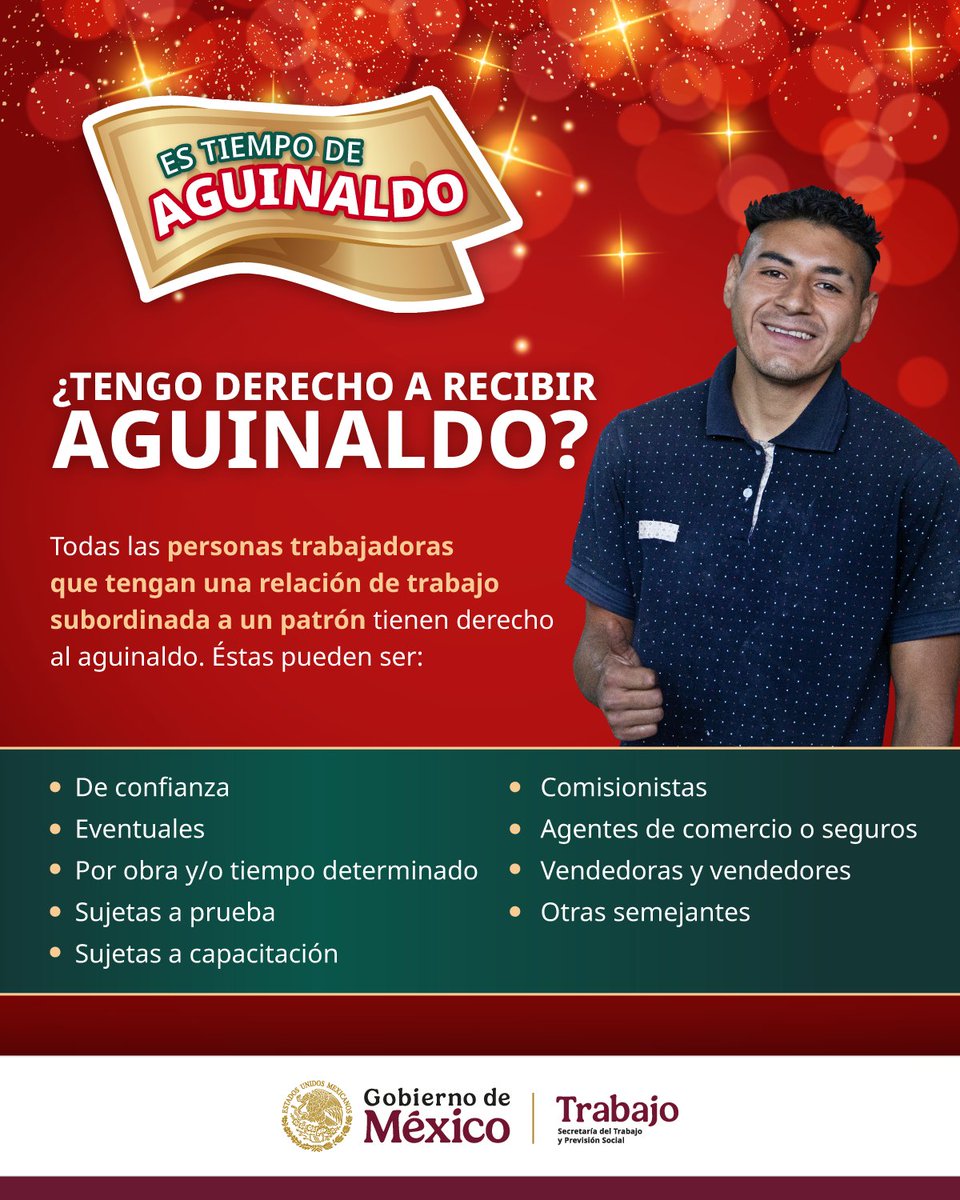 STPS_mx's tweet photo. ✅Persona trabajadora: ¿No sabes si tienes derecho a recibir #Aguinaldo este año? 🤔

📋 Revisa esta información que la #STPS y la @PROFEDET tenemos para ti. 🙋‍♂️🙋‍♀️

Recuerda seguirnos en nuestras redes sociales 📲 para saber más sobre el #Aguinaldo2024. 💰

#EsTiempoDeAguinaldo https://t.co/bSUToIh2u5