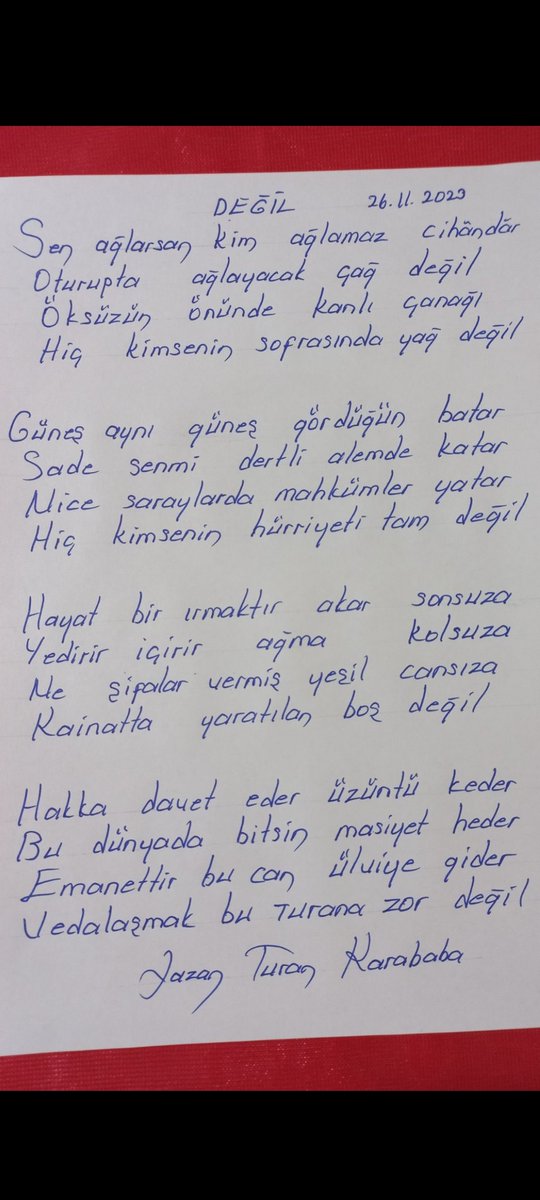 Hak şerleri hayr eyler
Zannetmeki  gayr  eyler
Arif     ânı  seyr      eyler
Mavlâ   görelim  neyler
Neylerse  güzel   eyler
İbrahim hakkı Hz
🇹🇷🇹🇷🇹🇷🇹🇷🇹🇷🇹🇷🇹🇷🇹🇷🇹🇷🇹🇷🇹🇷🇹🇷🇹🇷