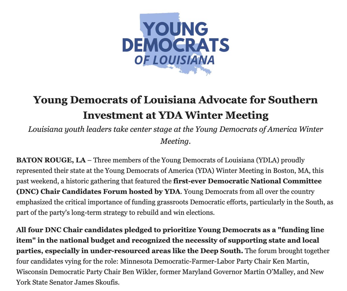 YDLouisiana's tweet photo. This weekend at the @youngdems Winter Meeting all 4 DNC Chair candidates pledged to prioritize YDA as a funding line to.
A big step forward for Southern investment and the future of Young Democrats. #YDLA #YDA https://t.co/RYZRcnkaQR