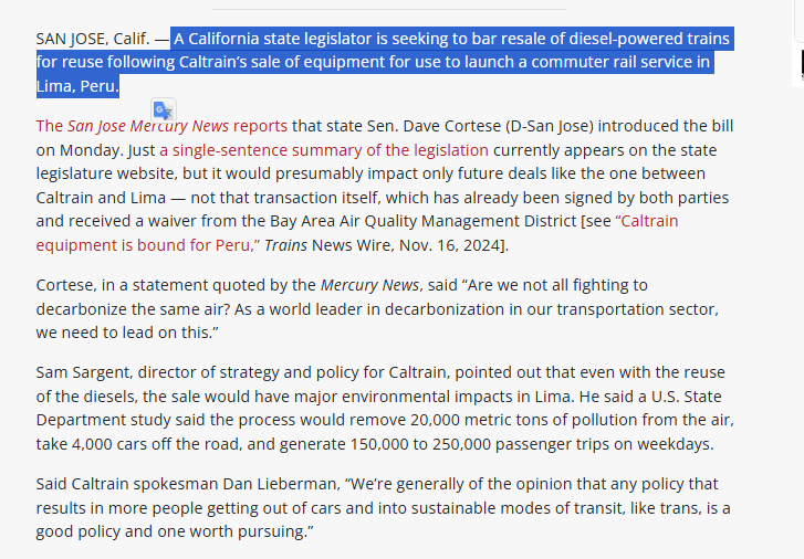 cviguria's tweet photo. Interesante lo que viene ocurriendo en EE.UU. tras la compra de la Municipalidad de LIma del tren de Caltrain. 

El senador Dave Cortese busca prohibir la reventa de este tipo de vehículols por ser altamente contaminante a través de un proyecto. https://t.co/SfZYWTagx0