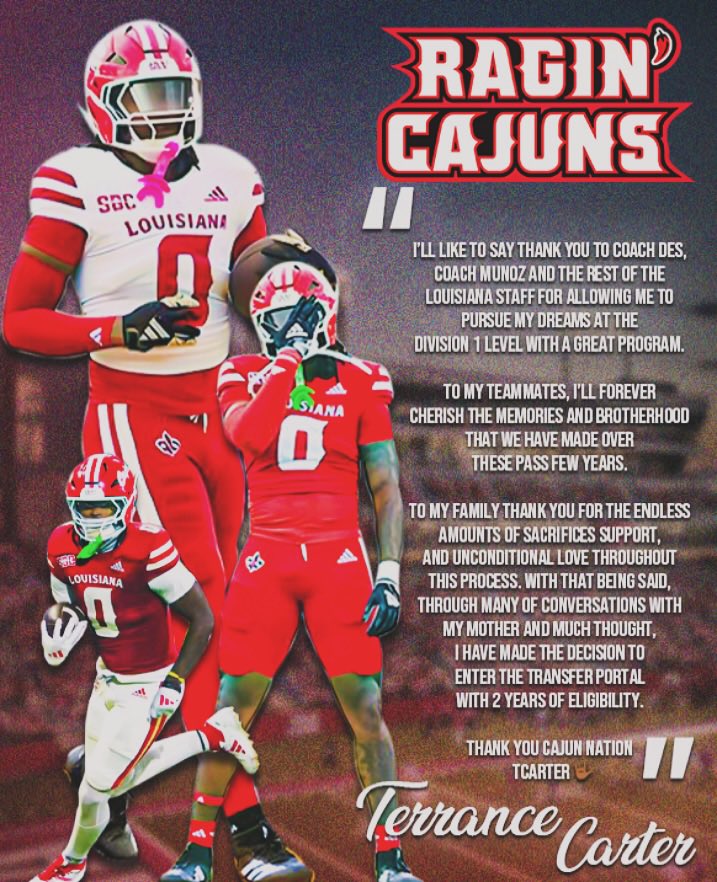 .<a href="/RaginCajunsFB/">Louisiana Ragin’ Cajuns® Football</a> TE Terrance Carter will enter the transfer portal. <a href="/carterdagoat2/">Terrance Carter jr</a> 

The sophomore had 48 catches, 689 yards, and 4 touchdowns this season. <a href="/KATCTV3/">KATC TV3</a>