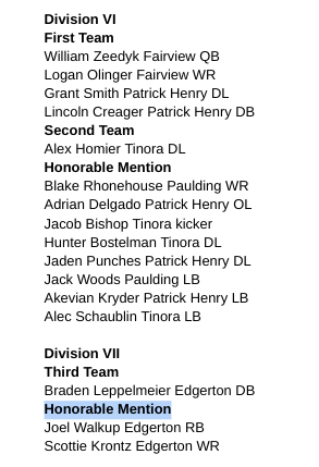 crescentsports's tweet photo. All-Ohio football honorees for Division VI and VII have been announced in the first of four days of reveals for the state's gridiron best. 
Here's the local honorees from today's announcement: https://t.co/rJed1B6QVh