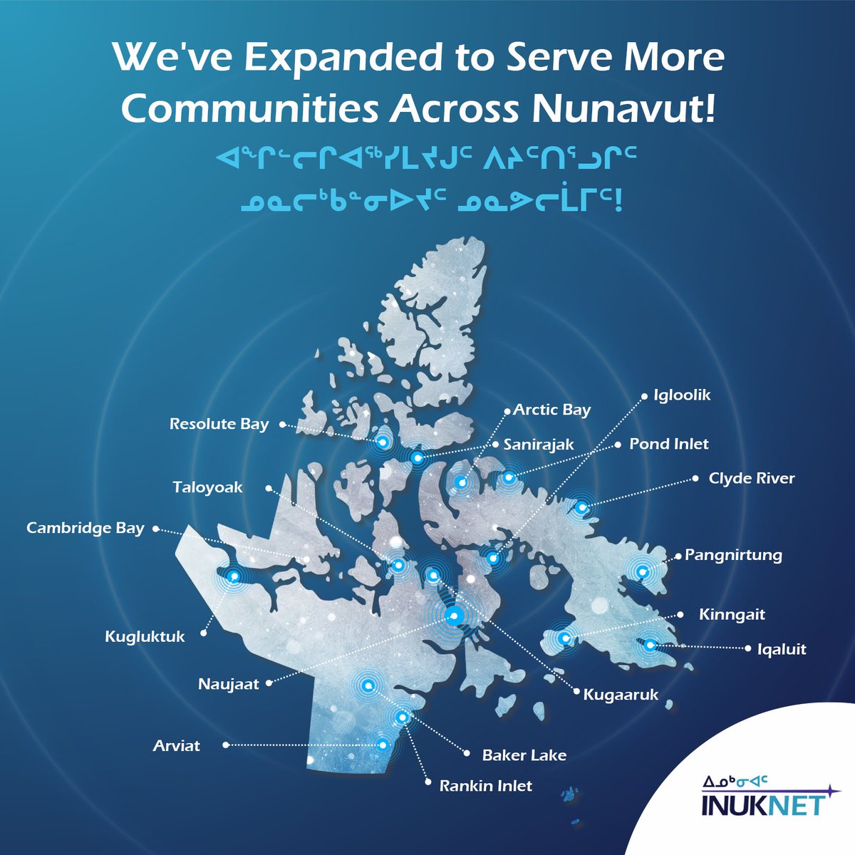 inuknet's tweet photo. INUKNET now connects more Nunavut communities!  Serving Iqaluit, Rankin Inlet, Arviat, Cambridge Bay, Clyde River, Pangnirtung, and expanding to Kugluktuk, Pond Inlet, Naujaat, Kinngait, Kugaaruk, Taloyoak, Baker Lake, Igloolik, Arctic Bay, Resolute Bay &amp; Sanirajak. https://t.co/vO3qeRMmML
