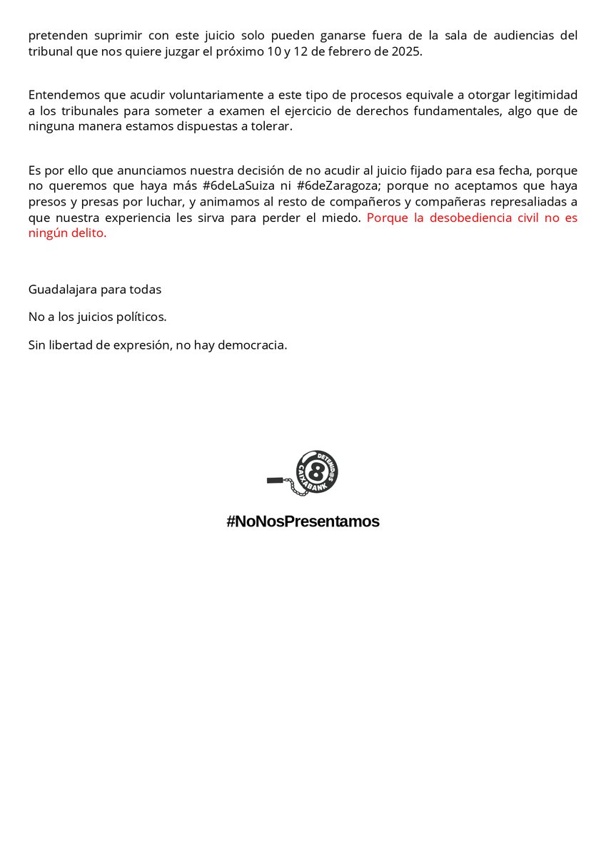 Estos procesos judiciales solo podremos acabar con ellos deslegitimándolos. Hacemos un llamamiento general a la insumisión a estos juicios políticos, en este manifiesto.
Tenemos que romper la baraja.
#8deCaixabank
#NoNosPresentamos