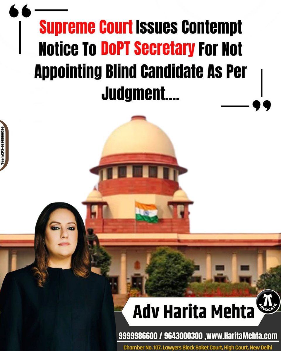 AdvHaritamehta's tweet photo. Supreme Court Issues Contempt Notice To DOPT Secretary For Not Appointing Blind Candidate As Per Judgment....
#SupremeCourt #supremecourt #SupremeCourtOfIndia #CJI #cji #doptsecretary #DOTP
#ContemptOfCourt https://t.co/ljKfjjFcKh