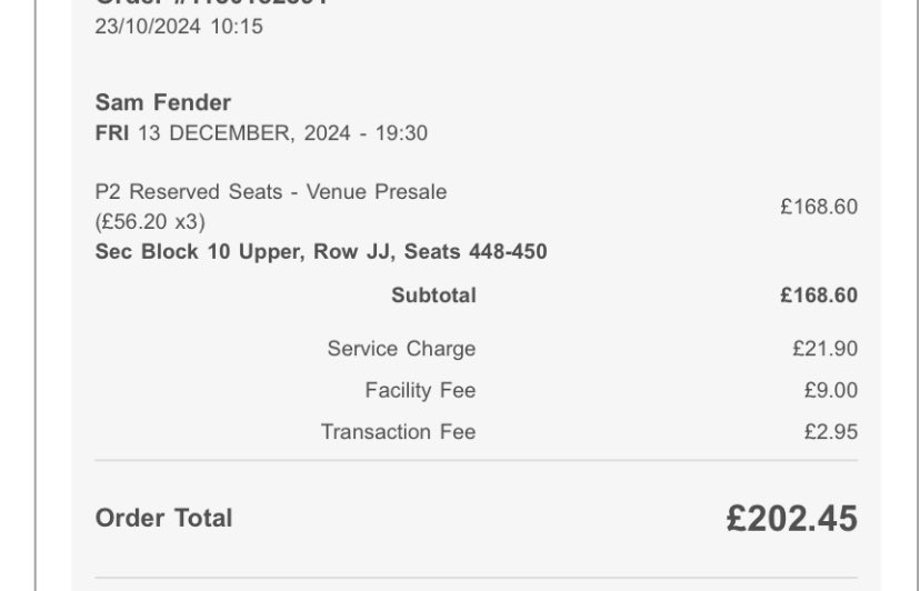 Selling x1 SEATED Sam Fender ticket for Friday 13th December in Birmingham, selling at face value (67.48 = ticket + fees), confirmation email below for authenticity, DM if interested!