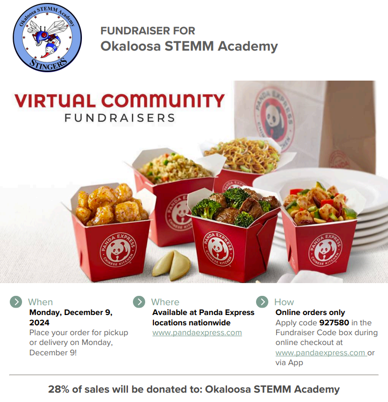 TONIGHT Panda Express! You can order anywhere in the US. 28% goes to STEMM. Order Online through PandaExpress.com or the App and apply your Online Ordering Code 927580