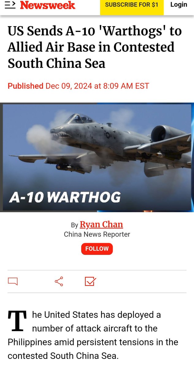 Oceanworldfree's tweet photo. At least 4 “Warthogs” (A-10 Thunderbolt II aircraft), have arrived at #ClarkAirBase in Luzon-signals for conflict with China littoral forces
A 30 mm gun & up to 16,000 pounds of bombs & MSLs for close air support of ground & sea forces,attacking tanks, armored vehicles, & ships https://t.co/qk9HKdVSaB