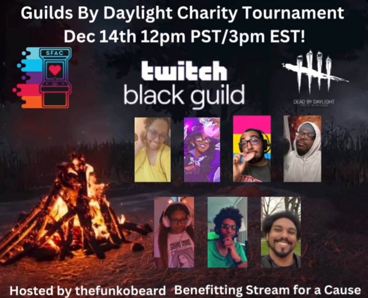 TheFunkoBeard's tweet photo. I am hosting a @DeadbyDaylight Charity Tournament this Saturday at 12pm PST w/ @Twitch Unity Guilds participating! I’m happy to introduce the team representing The Black Guild:

@ProGeny_Gaming 
@TiffanyWitcher 
@XoRubyChann 
@SuperStarCB 
@PhryDeyy 
@iCoerceTv 
PeculiarHam https://t.co/YngIZYNvRe