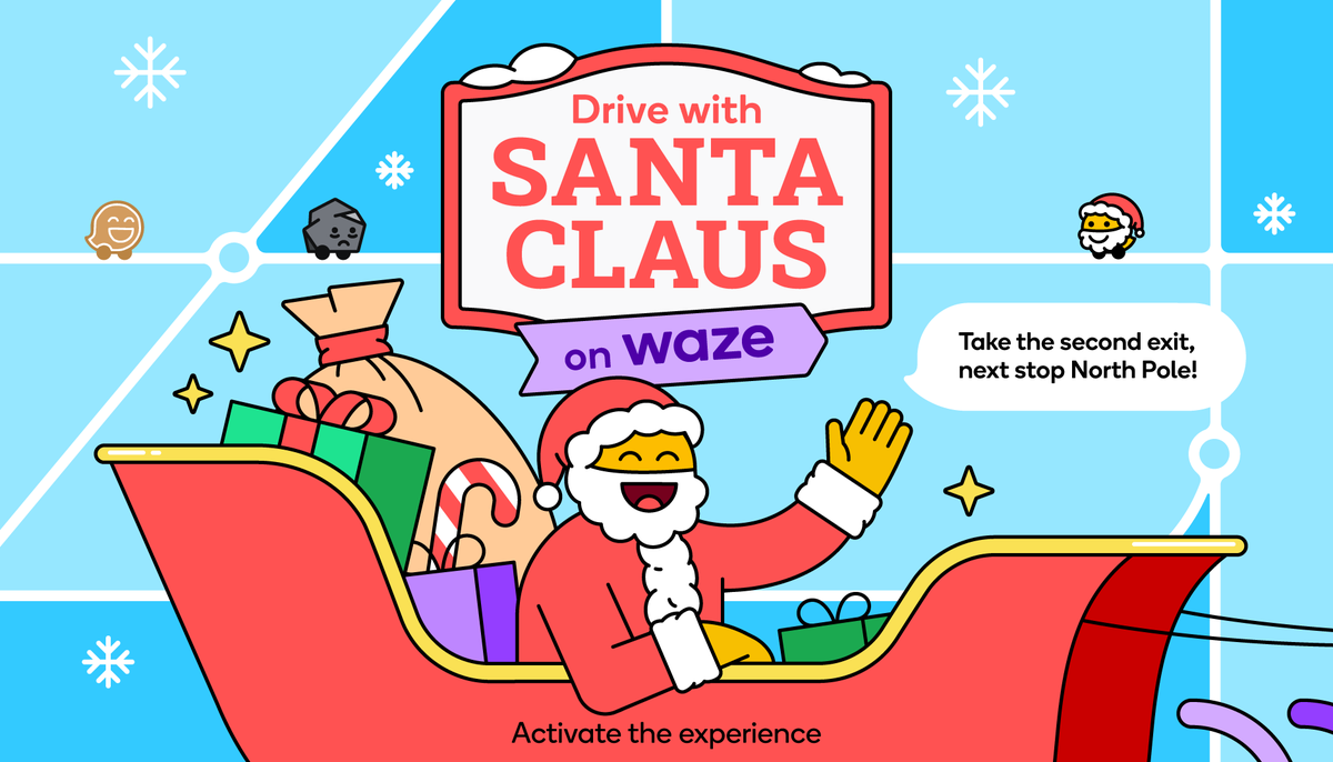 waze's tweet photo. Ho-ho- HOLD UP: Santa is officially BACK!
In your car, that is- and he’s giving voice navigation with a side of merry &amp; bright 🎄🎅🎁

Just make sure you drive safely or you’ll end up on the naughty list

Activate NOW: https://t.co/Ho05BNLeGp https://t.co/GHxD8jMXwl