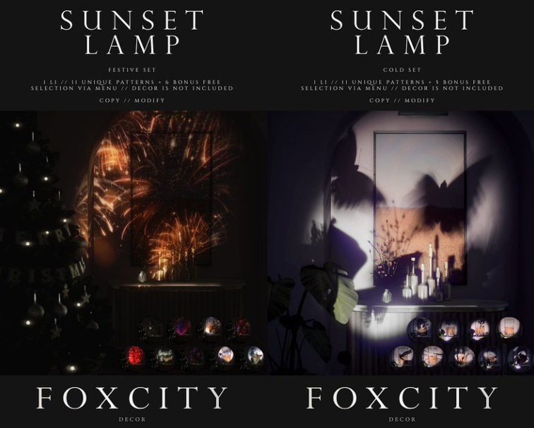 KawaiiFeedSL's tweet photo. FOXCITY Decor: Sunset Lamp Festive &amp; Cold @ C88〡Taxi: https://t.co/XNzh8ulOEp
#secondlife #metaverse #foxcity #C88 #slevent #kawaiifeed https://t.co/vIeNviG1W0