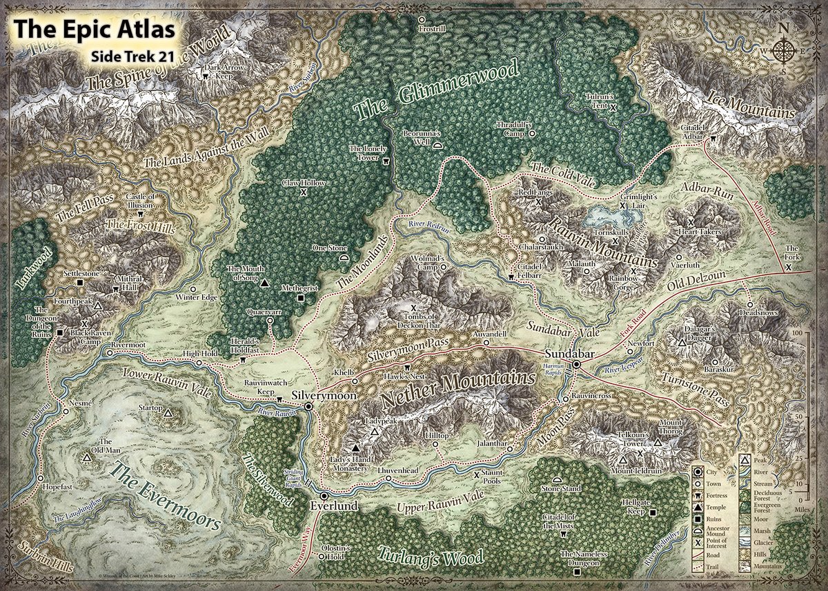 schley's tweet image. Explore the inland heights of Faerûn&apos;s Silver Marches this brisk December morning &amp;amp; discover what lurks at the border of these cold northern realms. #TheForgottenRealms #DnD #RPGMaps My massive high-res regional map is now available to supporters via TheEpicAtlas.com.