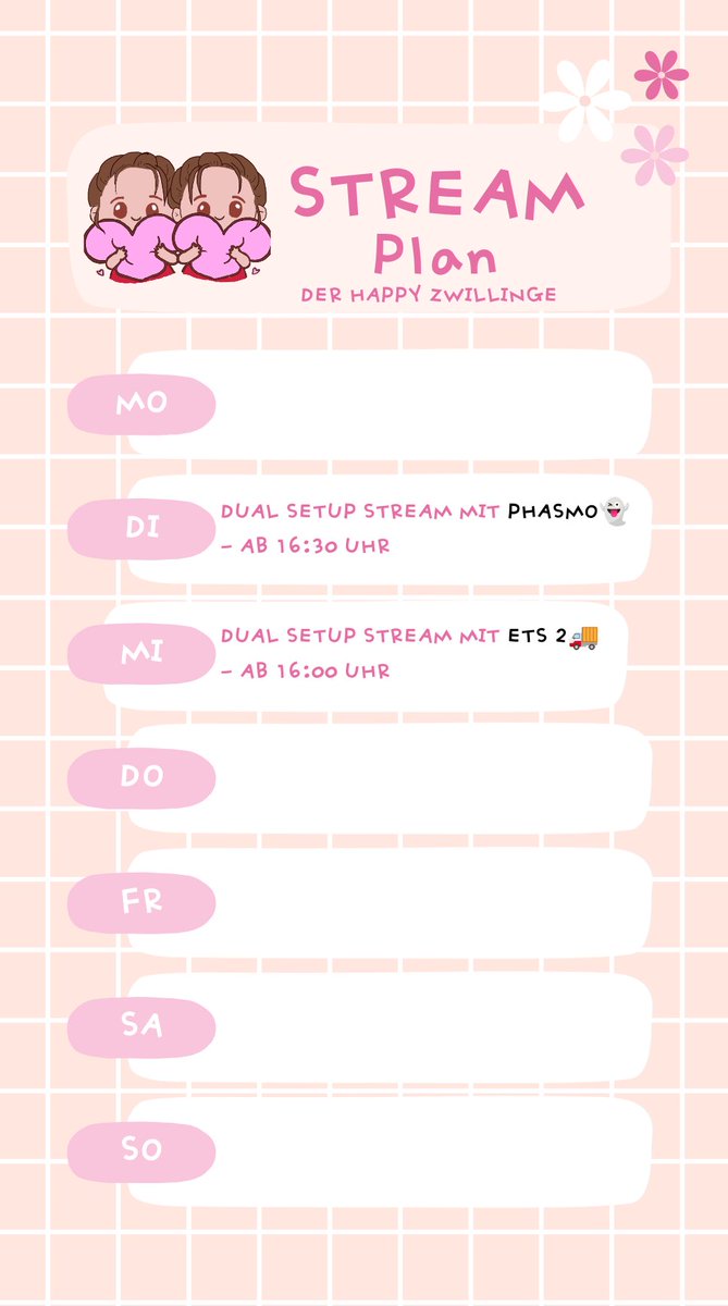 Janinehoch2's tweet photo. Der Streamplan für die Woche ist fertig! 🥰🥳

Wir versuchen am Dienstag die Geister zu vertreiben in Phasmophobia. 👻✨
Wir spielen dabei save auf einen höheren Schwierigkeitsgrad :D

Und am Donnerstag trauen wir uns wieder zusammen auf die Straße in ETS 2 🚚💨 https://t.co/9vWSrO6qvV