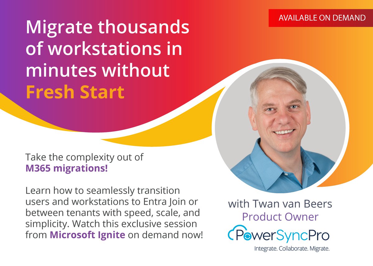 PowerSyncPro (@powersyncpro) on Twitter photo Imagine migrating thousands of #workstations without disruption. That’s exactly what <a href="/TwanvanBeers/">Twan van Beers</a> showcased at #MSIgnite!
🎥 Watch the session replay here: bit.ly/3Vxcvpj
Let's talk about how we can make your next migration stress-free!
#Microsoft #Azure #Cloud Imagine migrating thousands of #workstations without disruption. That’s exactly what <a href="/TwanvanBeers/">Twan van Beers</a> showcased at #MSIgnite!
🎥 Watch the session replay here: bit.ly/3Vxcvpj
Let's talk about how we can make your next migration stress-free!
#Microsoft #Azure #Cloud