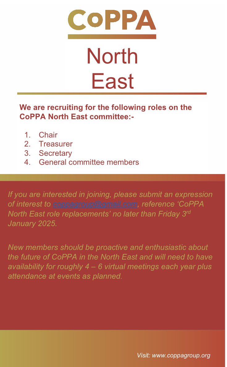 ✨ Join CoPPA North East: Leadership and Committee Roles Available! ✨

It’s time for me to step down as Chair and pass on the baton! Other roles are also available 👇🏼

Interested? Email admin@coppagroup.org or coppagroup@gmail.com by Friday 3rd January 2025