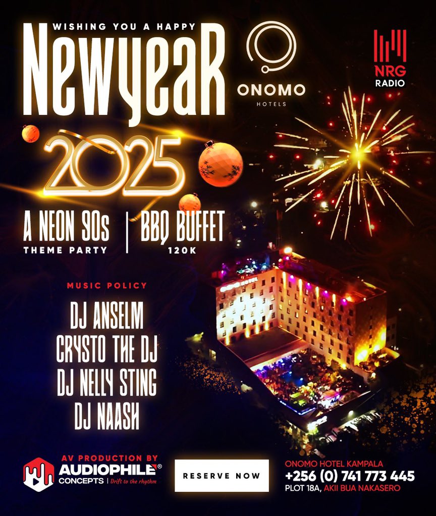 Step into 2025 with flair at <a href="/OnomoHotels/">ONOMO Hotels</a>, Kampala. Join the ultimate Neon 90s Theme Party and enjoy a sizzling BBQ buffet for just 120K. Groove to the hottest beats spun by <a href="/DEEJAYANSELM/">NIGHTLIFE / EVENTS DJ</a>, <a href="/CrystoTheDeejay/">The TurnUp King 👑</a>, <a href="/nellysting/">Dj Nellysting</a>, &amp; DJ Naash as they light up your countdown to the New Year.