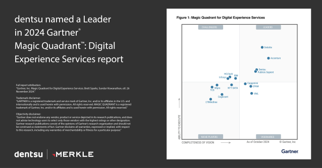 We are thrilled to announce that <a href="/dentsu/">アオイ</a> has been named a Leader in the 2024 Gartner® Magic Quadrant™: Digital Experience Services assessment report! Click here to learn more: bit.ly/4ffgOg2