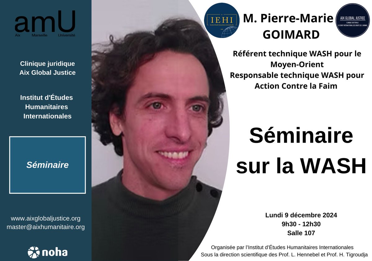<a href="/AixHumanitaire/">Aix Humanitaire</a> et <a href="/AixLegalClinic/">Aix Global Justice</a> tiennent à inaugurer la semaine thématique "Action Humanitaire et Santé Publique" en remerciant chaleureusement M. Pierre-Marie Goimard, Mme. Édith Godefroid et M. Thierry Lescia, pour leurs #séminaires ce Lundi.

<a href="/LudoHennebel/">Ludovic Hennebel</a> <a href="/HeleneTigroudja/">Hélène Tigroudja</a>
