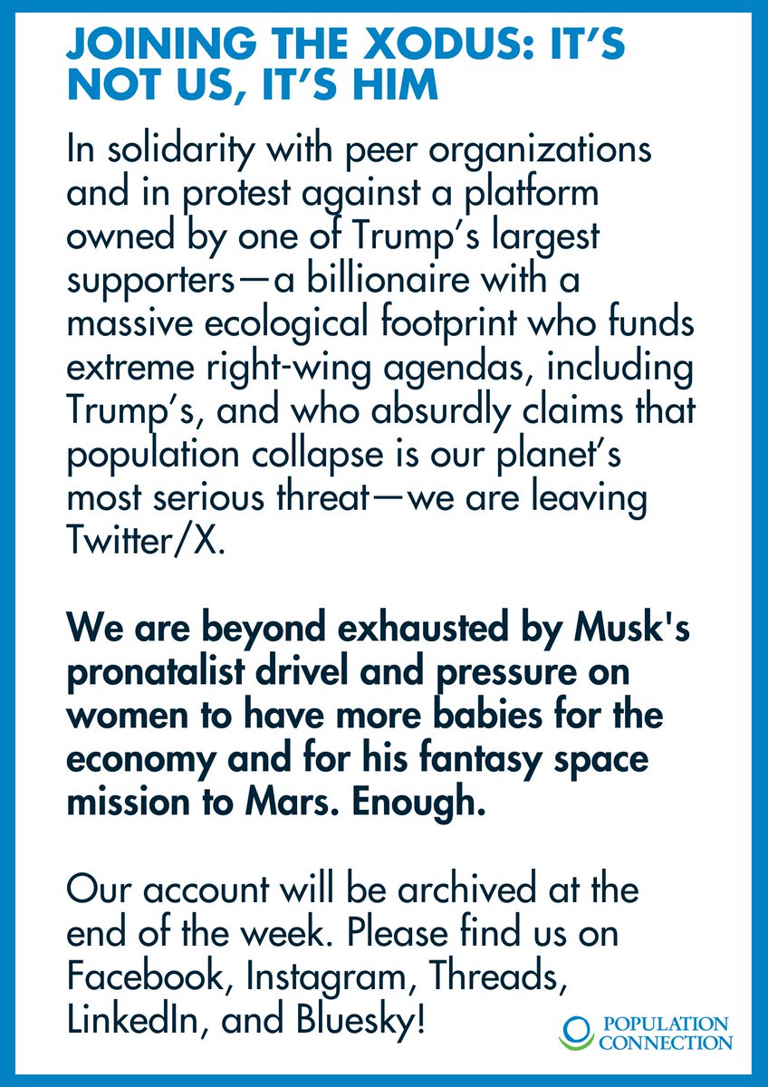 We’ve reached the end of the road on X, &amp; we’re leaving with no regrets (&amp; maybe a little side-eye). It's goodbye to a platform run by a billionaire who’s more interested in pushing #pronatalist nonsense &amp; space fantasies than addressing real issues like ecological crises. #Xodus