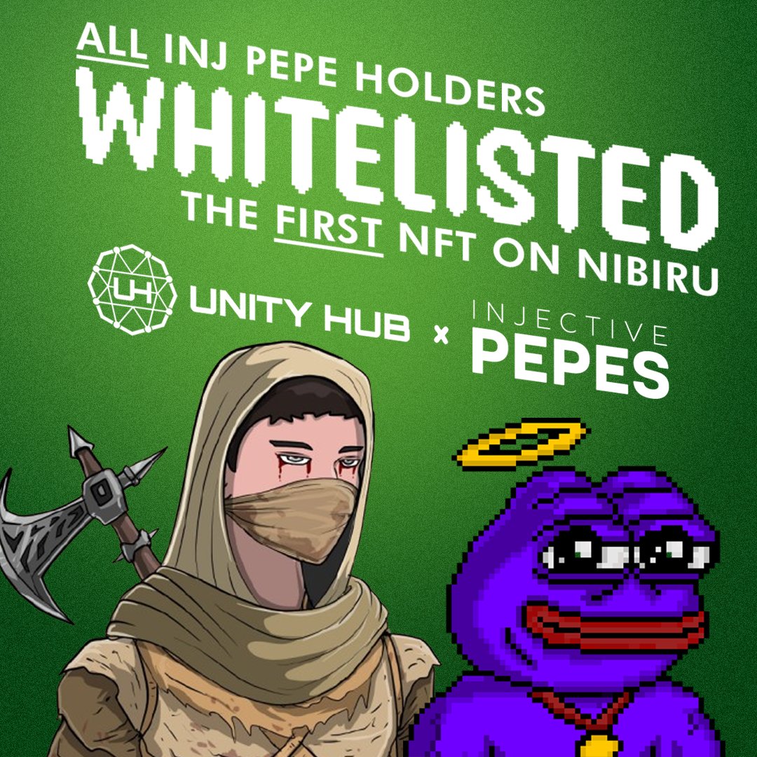 Injective Pepes (@injectivepepes) on Twitter photo We're happy to partner with <a href="/Un1tyHub/">Unity Hub 🩵🌸</a>, the first NFT collection on <a href="/NibiruChain/">Nibiru Chain 🩵🌸</a>!
All Pepe holders can claim a WL spot for their upcoming mint 🐸
More info in our Discord server. We're happy to partner with <a href="/Un1tyHub/">Unity Hub 🩵🌸</a>, the first NFT collection on <a href="/NibiruChain/">Nibiru Chain 🩵🌸</a>!
All Pepe holders can claim a WL spot for their upcoming mint 🐸
More info in our Discord server.