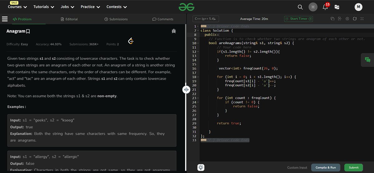 Monikanchan13's tweet photo. ✅ Day 17 of #geekstreak2024 completed!
Solved the "Anagram" problem on @geeksforgeeks. 🖥️
Excited to continue this streak and improve my coding skills! 🎯
Let's keep going! 🚀 #GFG160 https://t.co/2yenc760qo