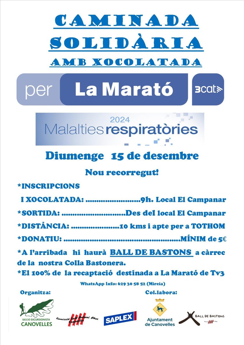 DIUMENGE, 1️⃣5️⃣ de DESEMBRE de 2️⃣0️⃣2️⃣4️⃣
🕘9h00
📌 Casal el Campanar 

Sempre SOLIDARIS amb les malalties que afecten a la nostra gent❗

Veniu a passejar, per recaptar força diners per les MALALTIES RESPIRATÒRIES 
<a href="/lacomi/">comissió sant antoni</a>