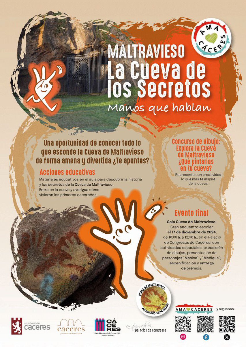 🎨 La Cueva de Maltravieso, con las pinturas rupestres más antiguas del mundo, busca ser Patrimonio Mundial a petición de AmaCáceres.

🖐️ Y… más de 800 niños/as cacereños/as descubrirán sus secretos en una gala final el 17D con “Manina y Meñique”. 🌟 #AmACáceres