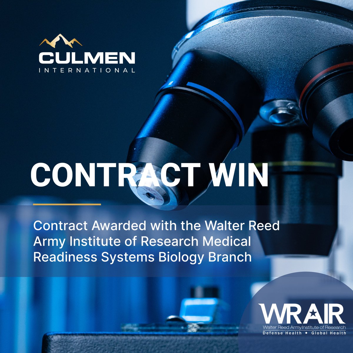 Culmen is delighted to have the opportunity to continue supporting the Medical Readiness Systems Biology (MRSB) branch of the Walter Reed Army Institute of Research. The MRSB team is pioneering medical innovations to advance the health, resilience and readiness of warfighters.