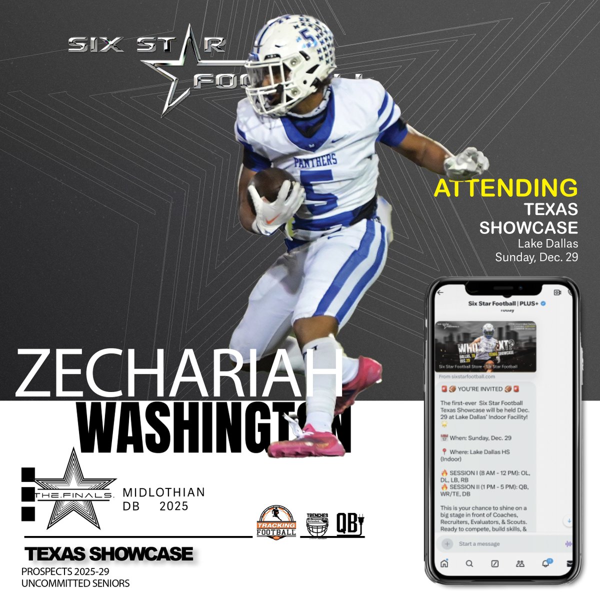 TEXAS SHOWCASE |  Zechariah Washington

6’0, 178  |  DB  |  2025  | Midlothian (TX) | <a href="/ZechWashi16/">Zechariah Washington</a> 

⭐ Excited to announce rising prospect Zechariah Washington will be attending the Texas Showcase!

📆Dec 29
📍Lake Dallas

REGISTER/INFO
sixstarfootball.com/six-star-footb…