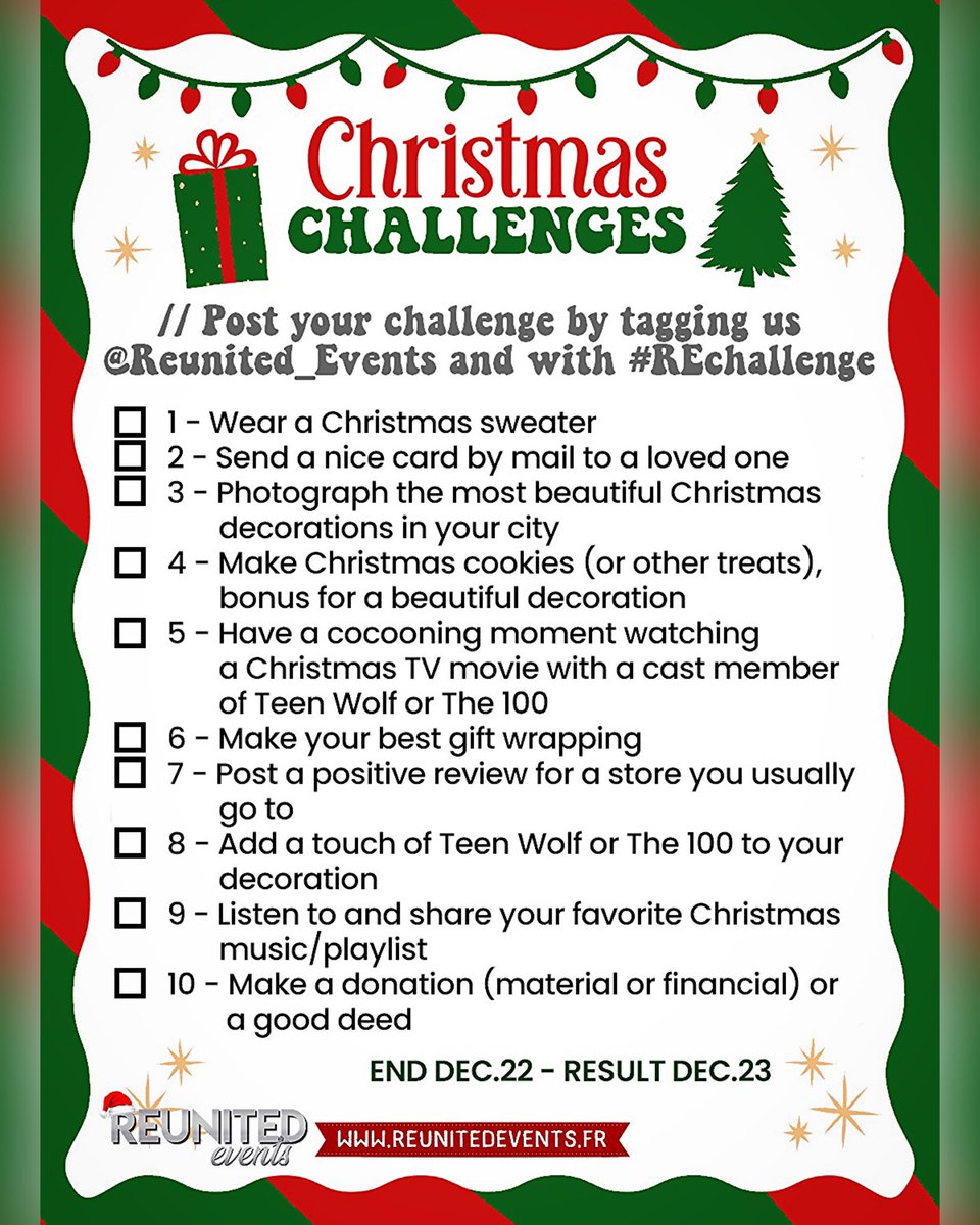 Reunited_Events's tweet photo. ✨Nous voulons ajouter un peu de magie à votre mois de décembre avec nos Christmas challenges: réalisez des défis pour tenter de gagner des cadeaux🎁 // We add a little magic to your December with our Christmas challenges: complete the checklist to try to win gifts #REchallenges https://t.co/ax6Kio4rYW