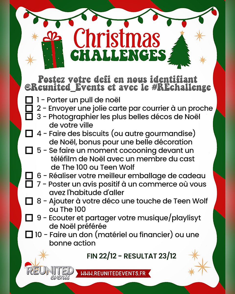 Reunited_Events's tweet photo. ✨Nous voulons ajouter un peu de magie à votre mois de décembre avec nos Christmas challenges: réalisez des défis pour tenter de gagner des cadeaux🎁 // We add a little magic to your December with our Christmas challenges: complete the checklist to try to win gifts #REchallenges https://t.co/ax6Kio4rYW