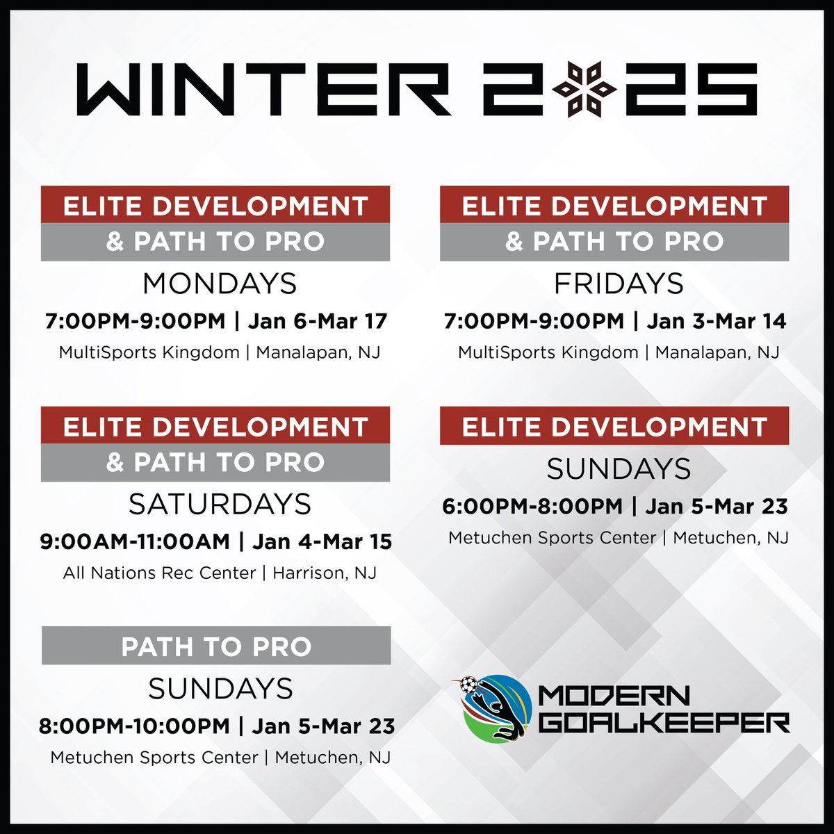 Modern Goalkeeper™️ (@modgktraining) on Twitter photo WINTER 2❄️25 | Training Programs
Register here:
app.upperhand.io/customers/38-m…
John Plaugic III
(Founder)
Modern Goalkeeper🧤
Email:
JohnPlaugic@moderngoalkeepertraining.com
Cell:
201-741-0221 WINTER 2❄️25 | Training Programs
Register here:
app.upperhand.io/customers/38-m…
John Plaugic III
(Founder)
Modern Goalkeeper🧤
Email:
JohnPlaugic@moderngoalkeepertraining.com
Cell:
201-741-0221