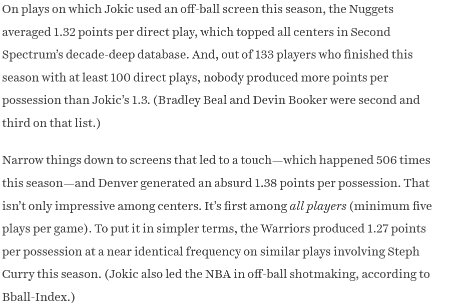 TheWarmBurn's tweet photo. @chuckBryant5 @badmaashdotcom @townbrad Do a little research.

Jokic is beyond elite off-ball.

Here's a Ringer article after the 22-23 season about how special he is off-ball plus a chart from March of last year showing he was #1 among all Centers in self-created shots and off-ball shot making. https://t.co/QG0M1mrpIJ