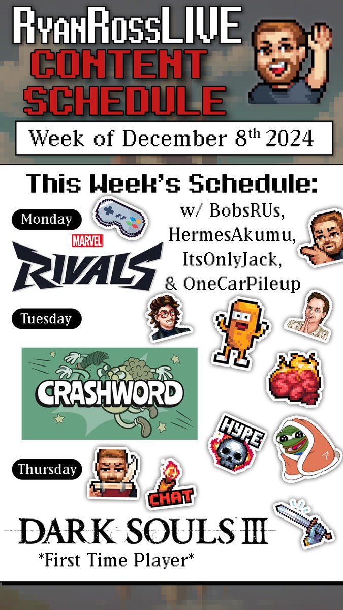 Tune in for this week's schedule, including #drops for Marvel Rivals, community Crashword, and continuing my first playthrough of #DarkSouls3 !