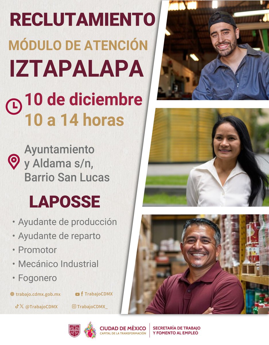 TrabajoCDMX's tweet photo. Asiste al reclutamiento en Iztapalapa y encuentra oportunidades laborales en la empresa #Laposse. Revisa las vacantes disponibles.
Lleva solicitud de empleo elaborada o CV, identificación oficial y CURP.
📆 10 de diciembre
🕙 10 a 14 h.
#UtopíaLaboral
#CapitalDeLaTransformación https://t.co/kC6ukJjwzh
