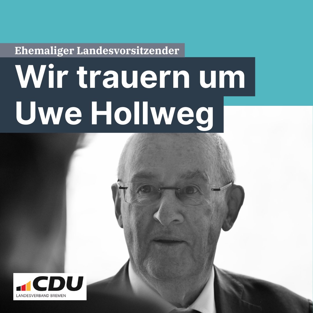 Die CDU #Bremen trauert um Uwe Hollweg. Der Kulturförderer, Ehrenbürger &amp; frühere Landesvorsitzende der Partei ist im Alter von 87 Jahren verstorben. Wir erinnern uns an einen großartigen Menschen, der die Partei und die Stadt geprägt hat. Unsere Gedanken sind bei seiner Familie.