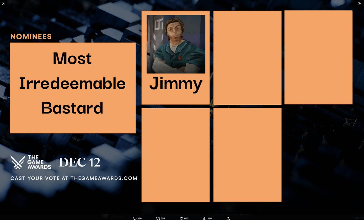 Here's the Nominees for 'Most Iredeemable Bastard' at #TheGameAwards this year.

- Jimmy

Vote now to select the winner through Wednesday! : #Mouthwashing
