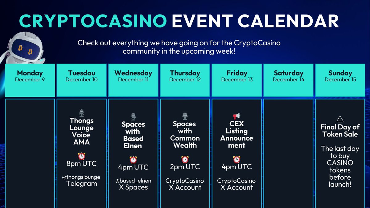 CryptoCasino's tweet photo. 🗓️We've got a busy week ahead of us!

Check out the CryptoCasino Event Calendar to find out about our AMAs, Spaces and big announcements.

💸Don't forget, this is the last week to buy $CASINO tokens at https://t.co/VlQD4AsDm5 https://t.co/WYqX9T6BYL
