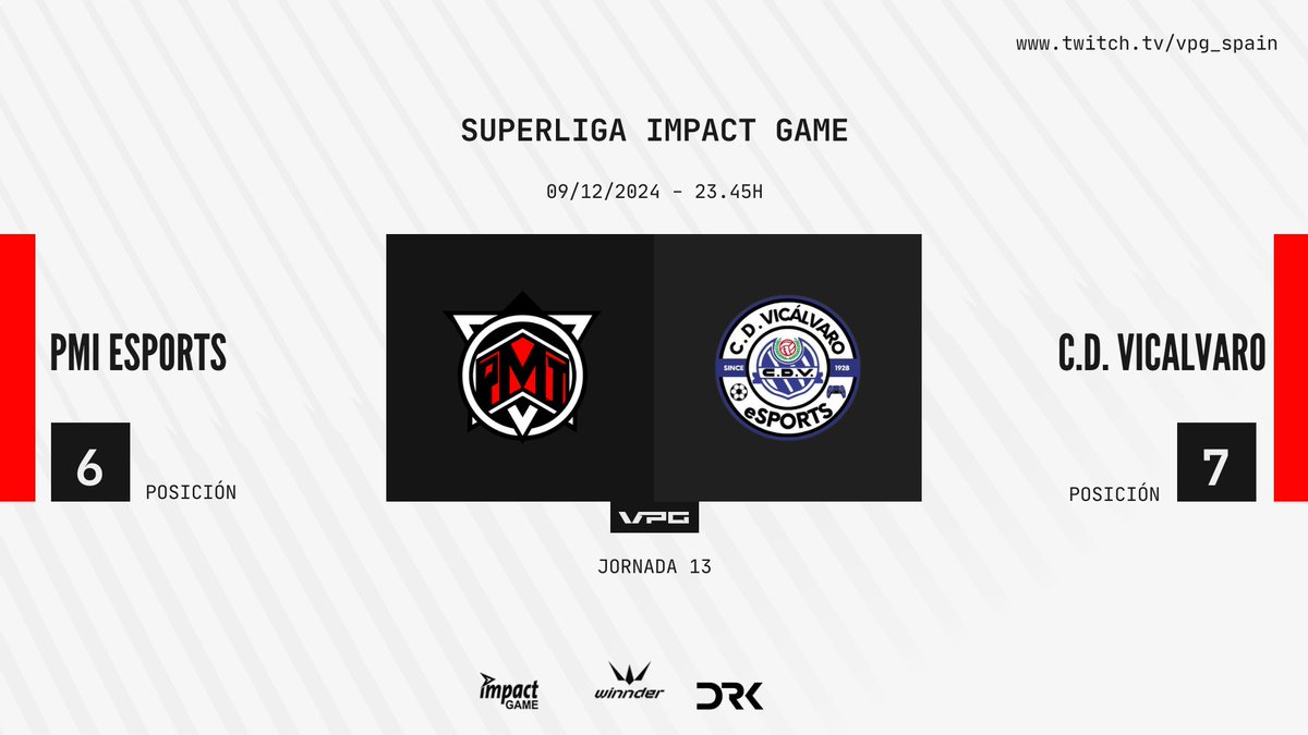 🏆 SUPERLIGA <a href="/ImpactGame_es/">Impact Game</a> 
🗓️ JORNADA 13
⏰ 23:45

📺 <a href="/PMI_eSports/">PMI eSports</a>   🆚 @eSportsCDVical 
🎙️ <a href="/Mati_Bernstein/">Mati Bernstein 🎤</a> <a href="/jordiprods/">Jordi 🎙</a>
📹<a href="/xLuXoRzZ/">Diego</a>

✍️ Duelo por todo lo alto para no perder el ritmo de la cabeza

#TuEresVPG #Apoyaeldirecto <a href="/WINNDERcom/">WINNDER</a> <a href="/DRKsportsES/">DRK Sports</a>