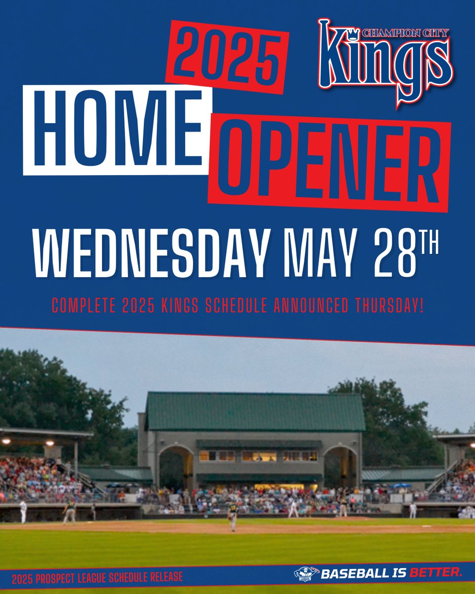 Prospect League (@prospectleague) on Twitter photo The Champion City Kings (<a href="/champcitykings/">Champion City Kings</a>) return to Carleton Davidson Stadium on Wednesday, May 28, 2025!
Get the complete Kings schedule on Thursday at ProspectLeague.com! #BaseballIsBetter The Champion City Kings (<a href="/champcitykings/">Champion City Kings</a>) return to Carleton Davidson Stadium on Wednesday, May 28, 2025!
Get the complete Kings schedule on Thursday at ProspectLeague.com! #BaseballIsBetter