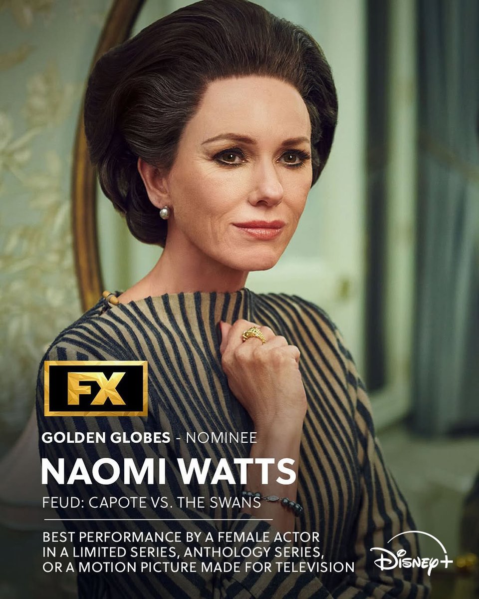 DisneyPlusCA's tweet photo. Congratulations to Naomi Watts, nominated for a Golden Globe for Best Performance by a Female Actor in a Limited Television Series for FX’s Feud. #GoldenGlobes #FeudFX https://t.co/c5LiSzaRZI