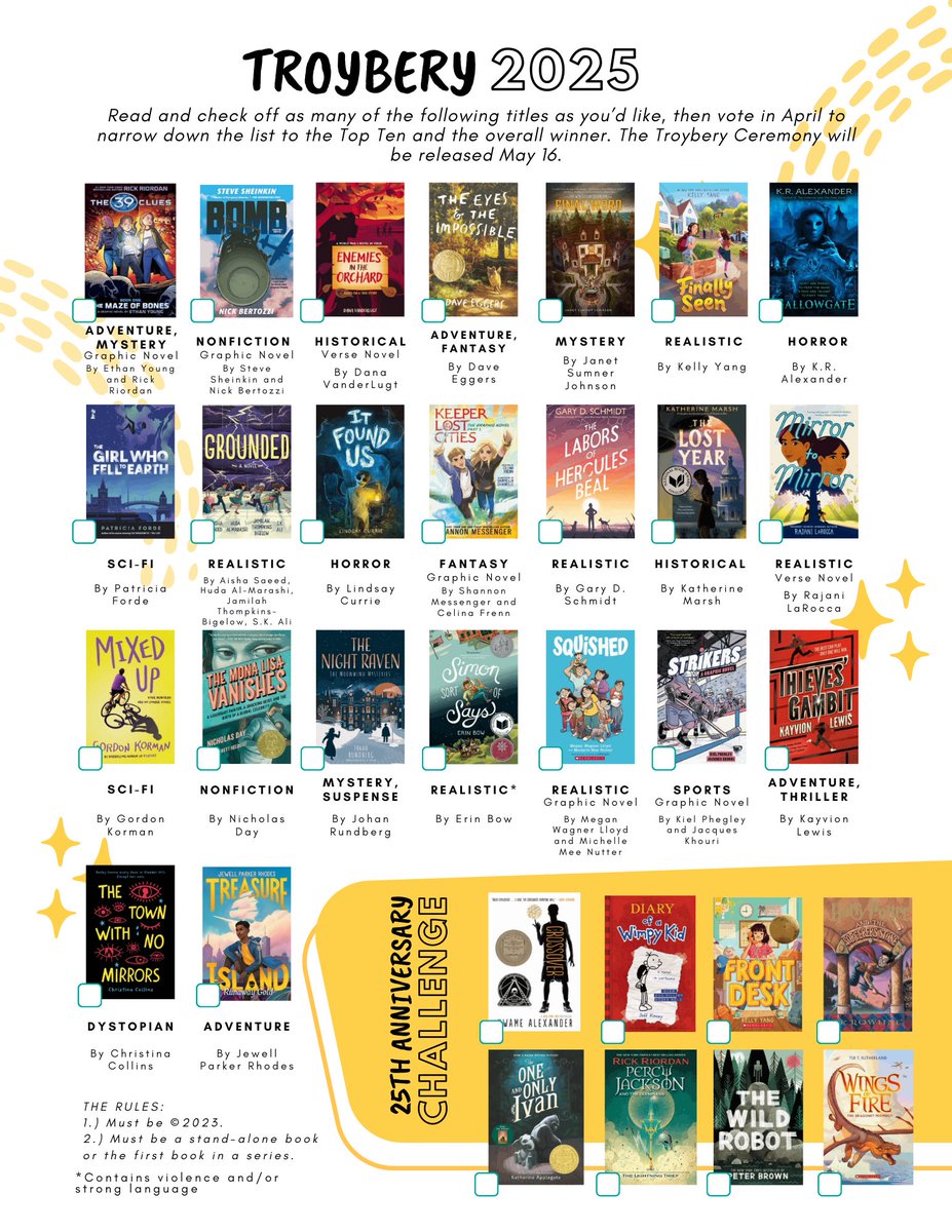 Christina Chatel (@medialoguer) on Twitter photo Authors, we are excited to include your 2023 titles in our 25th Annual Troybery Award Program! <a href="/rickriordan/">Rick Riordan</a> <a href="/SteveSheinkin/">Steve Sheinkin</a> <a href="/danavanderlugt/">Dana VanderLugt</a> @MsVerbose <a href="/kellyyanghk/">Kelly Yang</a> <a href="/PForde123/">Patricia Forde</a> <a href="/lindsayncurrie/">Lindsay Currie</a> <a href="/SW_Messenger/">Shannon Messenger</a> <a href="/MarshKatherine/">Katherine Marsh</a> <a href="/gordonkorman/">Gordon korman</a> <a href="/erinbowbooks/">Erin Bow</a> <a href="/KielPhegley/">Kiel Phegley</a> <a href="/KayvionLewis/">Kayvion Lewis</a> Authors, we are excited to include your 2023 titles in our 25th Annual Troybery Award Program! <a href="/rickriordan/">Rick Riordan</a> <a href="/SteveSheinkin/">Steve Sheinkin</a> <a href="/danavanderlugt/">Dana VanderLugt</a> @MsVerbose <a href="/kellyyanghk/">Kelly Yang</a> <a href="/PForde123/">Patricia Forde</a> <a href="/lindsayncurrie/">Lindsay Currie</a> <a href="/SW_Messenger/">Shannon Messenger</a> <a href="/MarshKatherine/">Katherine Marsh</a> <a href="/gordonkorman/">Gordon korman</a> <a href="/erinbowbooks/">Erin Bow</a> <a href="/KielPhegley/">Kiel Phegley</a> <a href="/KayvionLewis/">Kayvion Lewis</a>