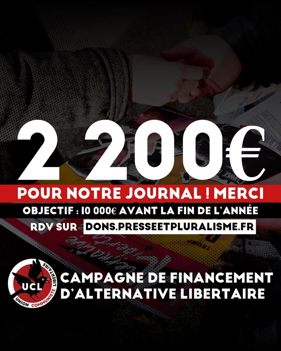 🚩🏴Notre journal a besoin de toi 

Maintenir la presse révolutionnaire en kiosque, c'est un combat! Comme chaque année, vous avez la possibilité de faire (avant le 31 décembre) un don défiscalisé au mensuel de l'Union communiste libertaire : 10.000 euros avant la fin de l'année