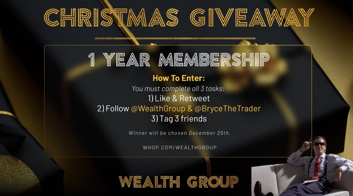 BryceTheTrader's tweet photo. 🎅 Win a one year membership to @WealthGroup's Community!

We want you to succeed in the bull market, and there is no better place than at @WealthGroup, with our live streams, trading courses, expert guidance, and trade signals!  👇 

How To Enter: 
1) Like & Retweet
2) Follow @WealthGroup & 
@BryceTheTrader 
3) Tag 3 friends

The Winner will be selected on December 25th!
Good luck and happy holidays from @BryceTheTrader and @WealthGroup.