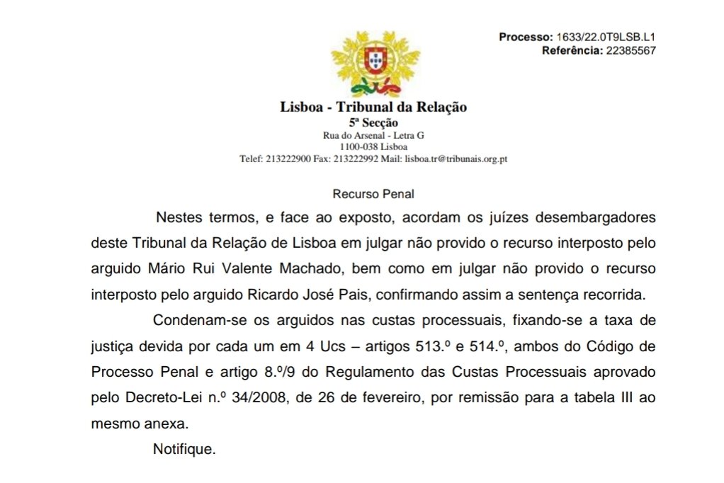 O Tribunal da Relação confirmou hoje a pena de prisão para Mário Machado e Ricardo Pais, sentenciada pelo Tribunal da Comarca. Obrigada a todas as mulheres que me deram força e ao meu advogado Garcia Pereira por me ter acompanhado neste processo. Está na hora ⛓️