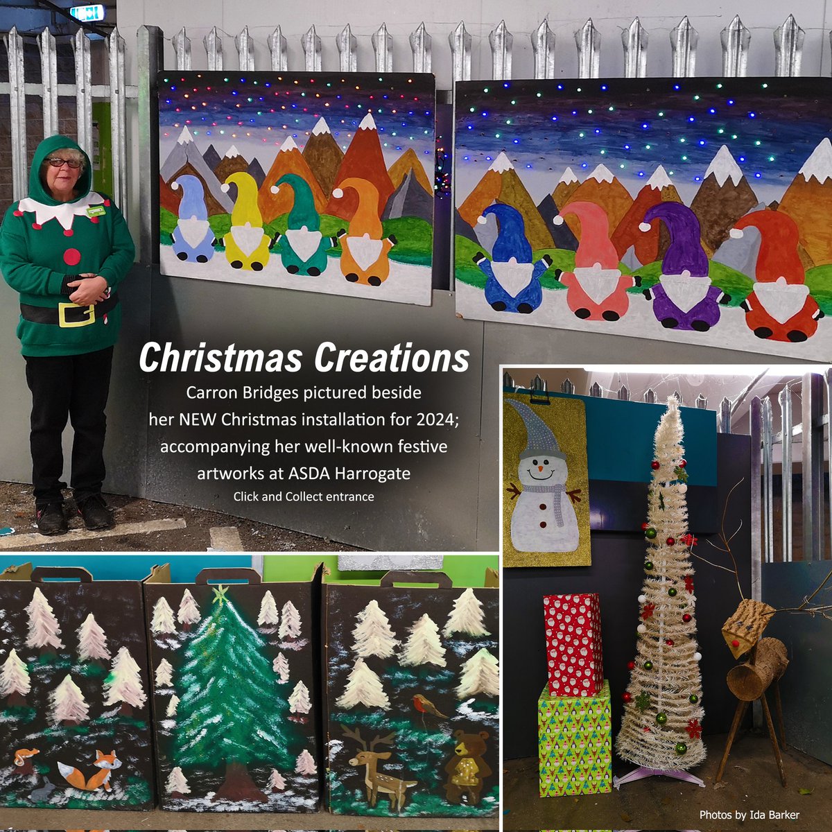 IdaBarkerDotCom's tweet photo. Christmas Creations: the talented Carron Bridges pictured beside her NEW Christmas installation for 2024; accompanying her well-known festive artworks at ASDA Harrogate click and collect entrance. (Photos by Ida) 🎄♥️👍 https://t.co/JpWSXGvSYL