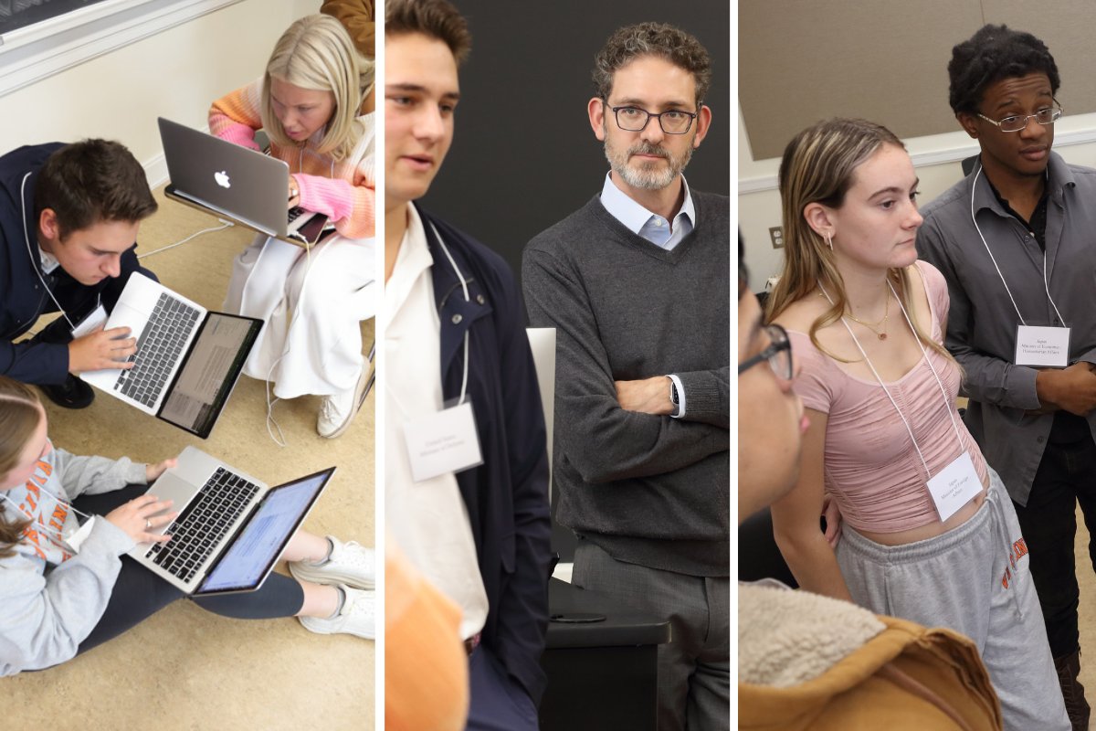 UVABatten's tweet photo. An earthquake in Taiwan becomes a political crisis verging on world war. In this simulation in @Alexander_Bick's class, students played world leaders who had to negotiate a solution—an example of Batten's course offerings prepping them for the real world. https://t.co/1vbuizd3Kz https://t.co/RVuh3za6oH