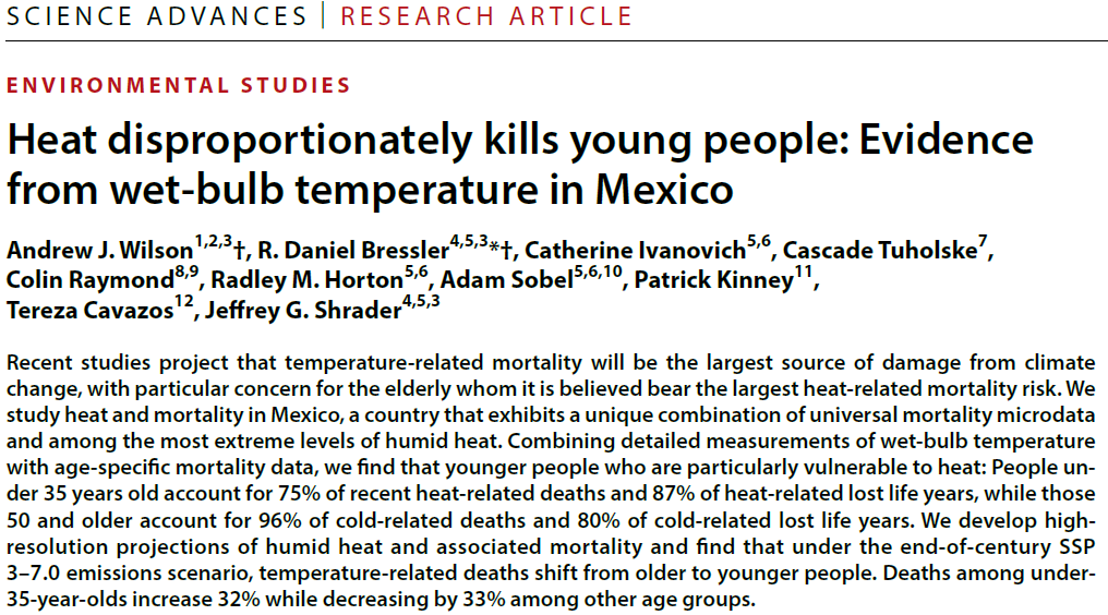 R. Daniel (Danny) Bressler (@dannybressler1) on Twitter photo 🚨"Heat disproportionally kills young people: Evidence from Wet-Bulb Temperature Exposure" My new <a href="/ScienceAdvances/">Science Advances</a> paper co-lead with <a href="/andrewjswilson/">Andrew Wilson</a> is out!
Using 20 years of nationwide mortality microdata + wet-bulb temperature, we uncovered fascinating new findings. 🧵 🚨"Heat disproportionally kills young people: Evidence from Wet-Bulb Temperature Exposure" My new <a href="/ScienceAdvances/">Science Advances</a> paper co-lead with <a href="/andrewjswilson/">Andrew Wilson</a> is out!
Using 20 years of nationwide mortality microdata + wet-bulb temperature, we uncovered fascinating new findings. 🧵