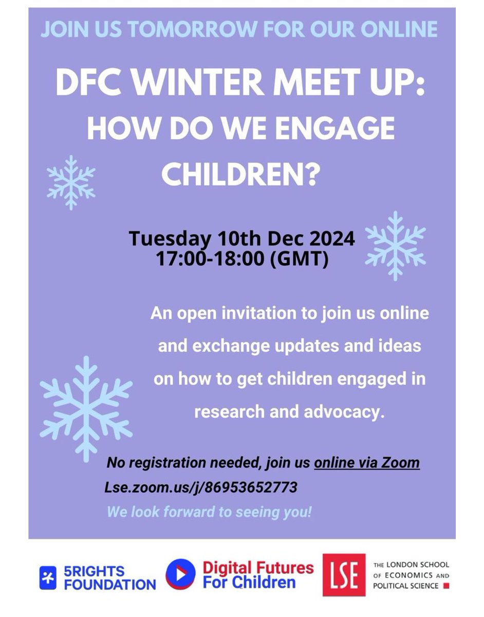 Sonia Livingstone (@livingstone_s) on Twitter photo #DigitalFutures4Children WINTER MEET UP
๐ Tuesday 10th | 17:00 - 18:00 | Zoom
Topic: How do we engage children?
Lse.zoom.us/j/86953652773
No registration needed. <a href="/5RightsFound/">5Rights Foundation</a> <a href="/MediaLSE/">LSE Media & Communications</a> #DigitalFutures4Children WINTER MEET UP
๐ Tuesday 10th | 17:00 - 18:00 | Zoom
Topic: How do we engage children?
Lse.zoom.us/j/86953652773
No registration needed. <a href="/5RightsFound/">5Rights Foundation</a> <a href="/MediaLSE/">LSE Media & Communications</a>